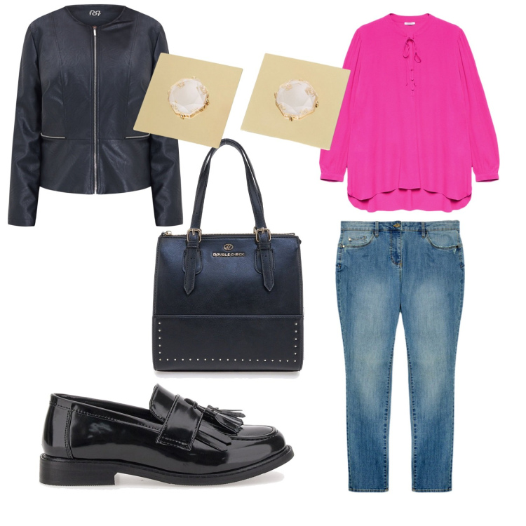 Outfit donna - Buongiorno prof.. per Scuola/Università. Abbinamento con blazer, orecchini, borse a mano, mocassini, bluse, jeans skinny.