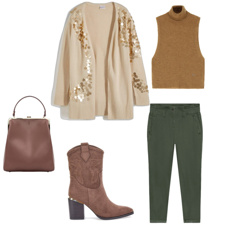 Outfit donna - Spese con mio figlio. per Tutti i giorni. Abbinamento con cardigans, maglieria, borse a spalla, stivaletti texani, pantaloni.