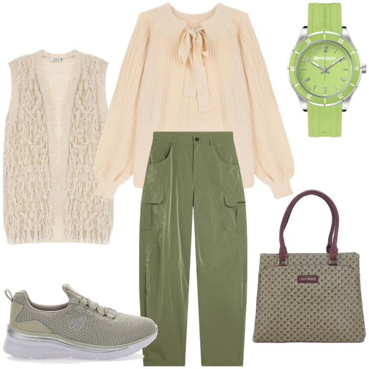 Outfit donna - In ufficio. Stile Urban per Ufficio. Abbinamento con gilet, pantaloni cargo, orologi, pullovers, sneakers, borse a spalla.