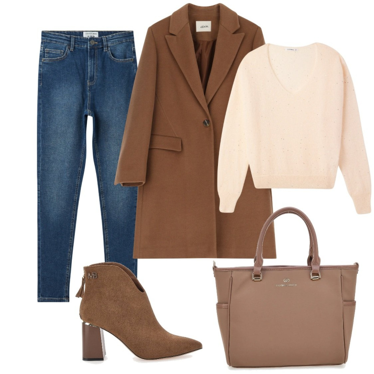 Outfit donna - Moka. Stile Casual chic per Ufficio. Abbinamento con jeans skinny, maglieria, cappotti, stivaletti, borse a tracolla.