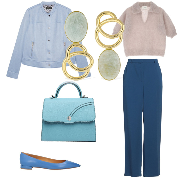 Outfit donna - Colori freschi. per Tutti i giorni. Abbinamento con pantaloni, ballerine, maglieria, blazer, orecchini, borse a mano.