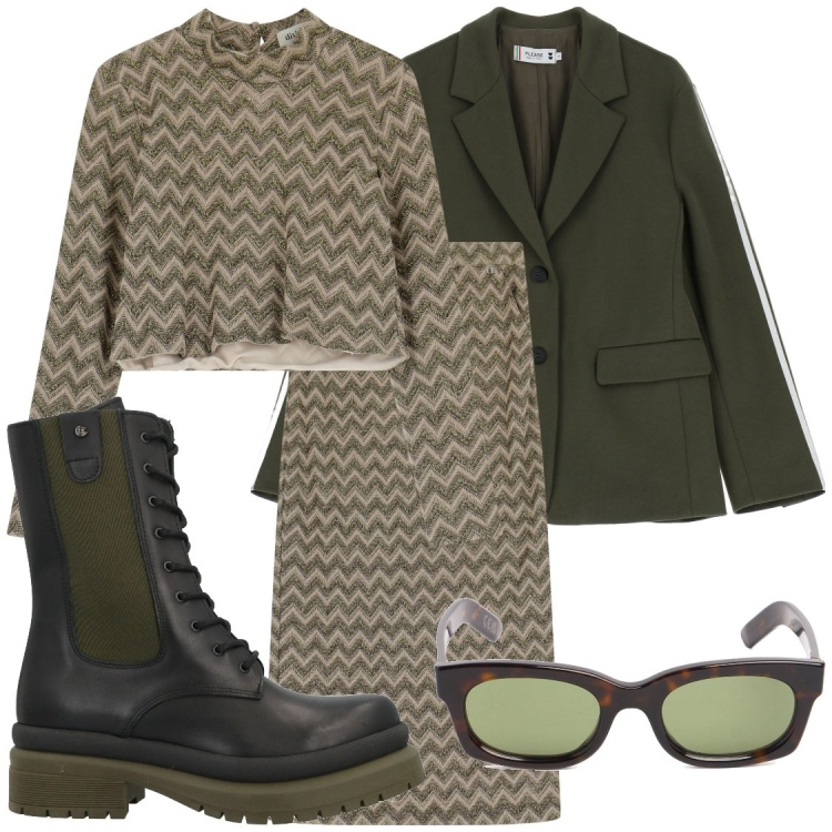 Outfit donna - Verde militare e gonna. Stile Chic per Tutti i giorni. Abbinamento con anfibi, gonne lunghe, top, blazer, occhiali da sole.