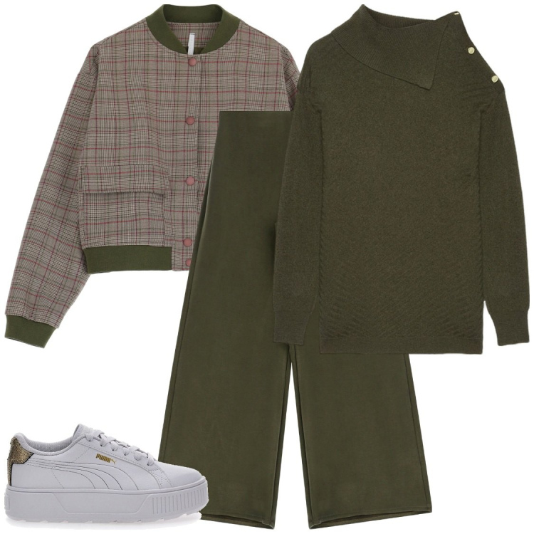 Outfit donna - Oggi comoda in giro. Stile Casual chic per Tutti i giorni. Abbinamento con bomber, pantaloni a palazzo, sneakers, maglieria.