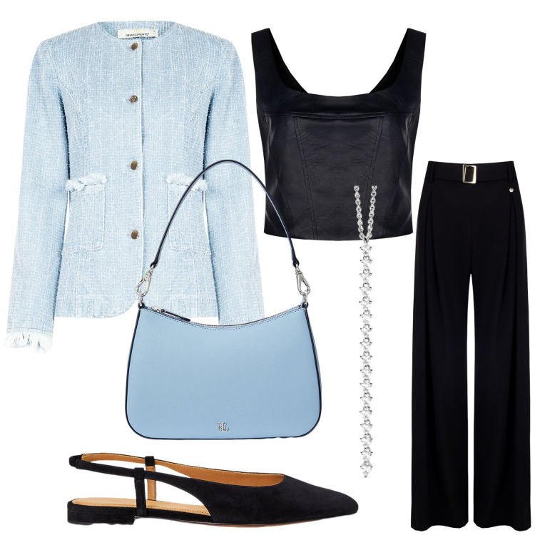 Outfit donna - Rinascimento - SS25. Stile Glamour per Serata fuori. Abbinamento con ciondoli, borse a spalla, ballerine, blazer, pantaloni, top.