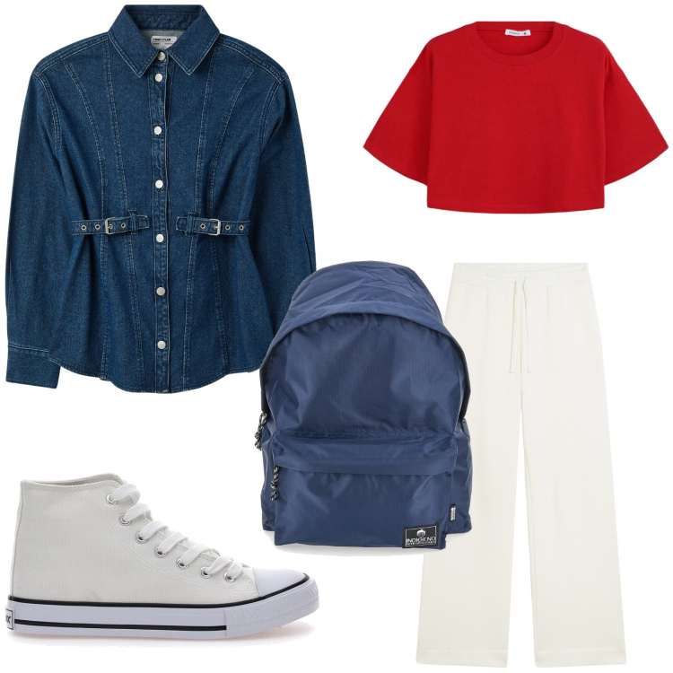 Outfit donna - Comoda in città. Stile Casual per Scuola/Università. Abbinamento con pantaloni, sneakers, t-shirt, camicie, zaini.