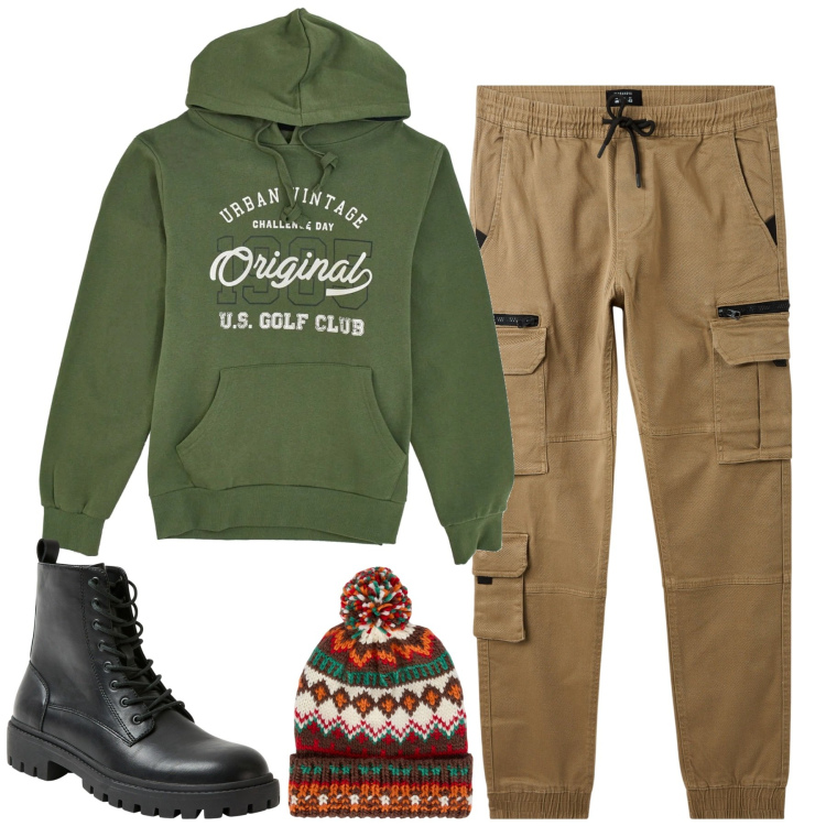 Outfit uomo - City. Stile Casual per Tutti i giorni. Abbinamento con pantaloni cargo, anfibi, berretti, felpe.