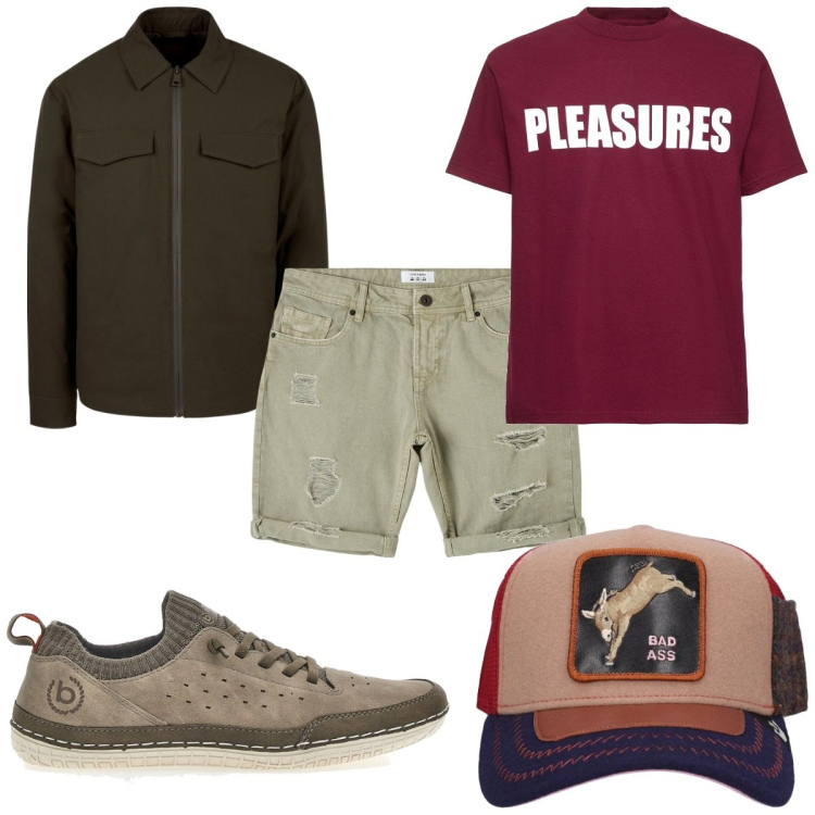 Outfit uomo - Total look #2053820. Stile Trendy per Tutti i giorni. Abbinamento con bermuda, piumini, cappelli con visiera, t-shirt, sneakers.