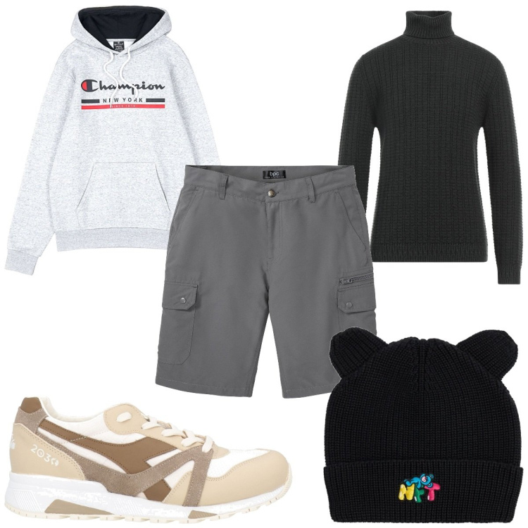 Outfit uomo - Total look #2053833. Stile Casual per Tutti i giorni. Abbinamento con bermuda, maglieria, sneakers, felpe con cappuccio, cappelli.