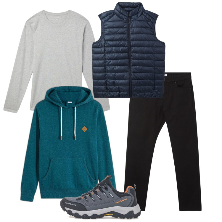 Outfit uomo - Felpa e smanicato. Stile Urban per Tutti i giorni. Abbinamento con felpe con cappuccio, pantaloni skinny, t-shirt, piumini, stivali e stivaletti.