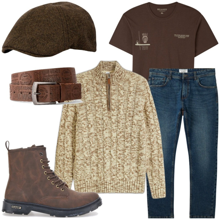 Outfit uomo - Casual con stile. Stile Casual per Tutti i giorni. Abbinamento con maglieria, cinture, jeans, t-shirt, cappelli con visiera, anfibi.