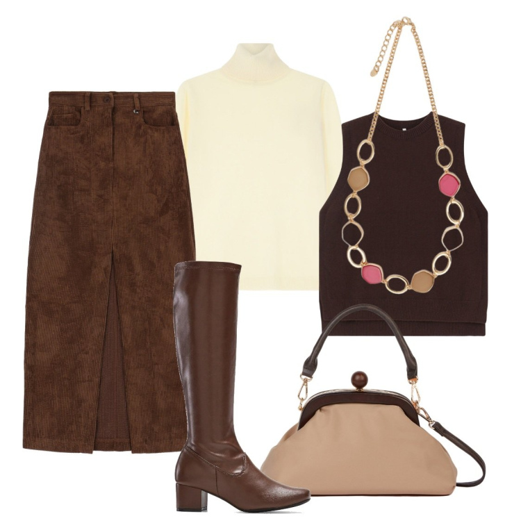 Outfit donna - 5 febbraio ufficio. Stile Casual per Ufficio. Abbinamento con stivali, maglieria, gilet, gonne lunghe, collane, clutch.
