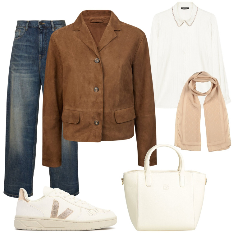Outfit donna - Giubbino vintage e jeans. Stile Trendy per Tutti i giorni. Abbinamento con borse a mano, sciarpe, camicie, blazer, sneakers, jeans.
