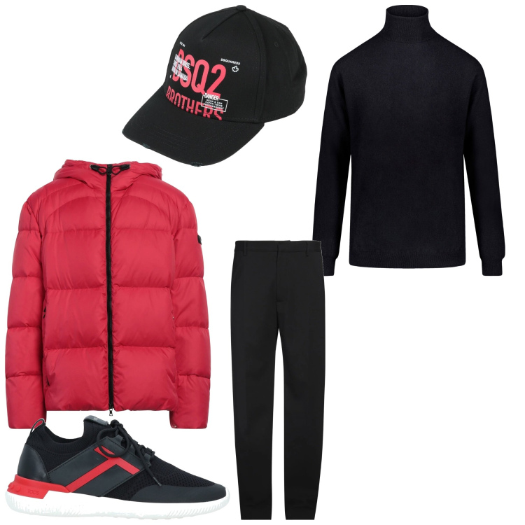 Outfit uomo - Rosso di martedì. Stile Casual per Tutti i giorni. Abbinamento con sneakers, cappelli con visiera, pantaloni, piumini, maglieria.