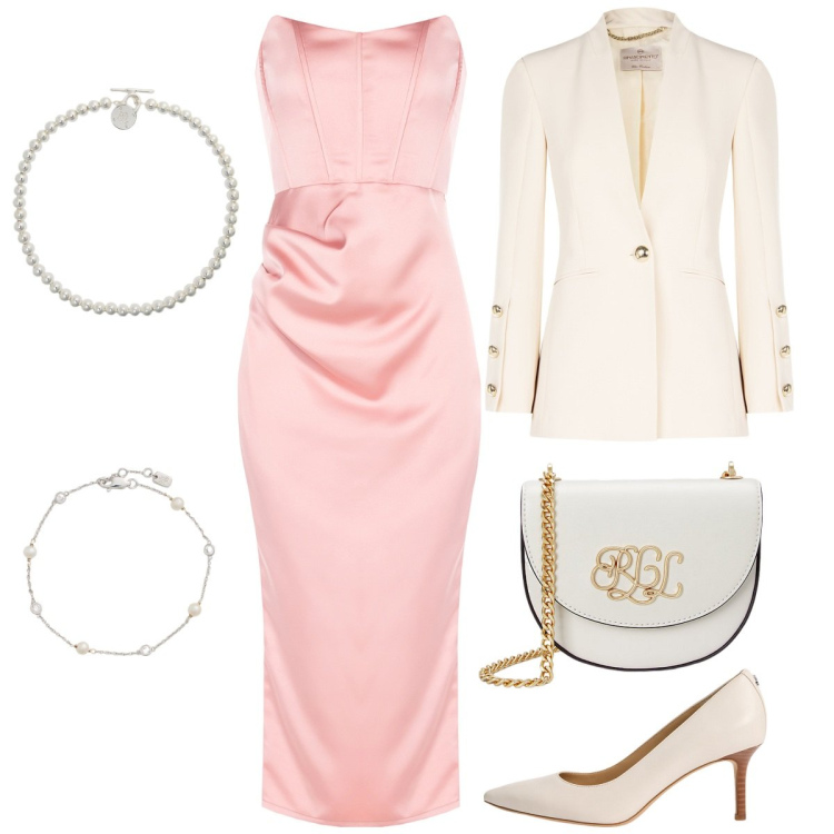 Outfit donna - Rinascimento SS25. Stile Glamour per Cerimonia. Abbinamento con vestiti midi/longuette, blazer, collane, borse a tracolla, décolleté, braccialetti.