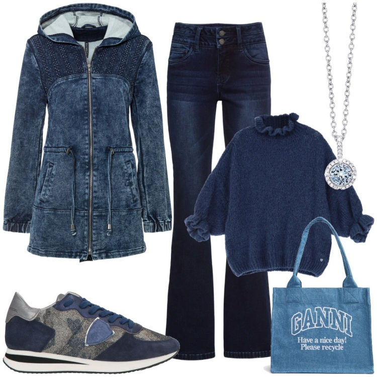 Outfit donna - Total denim. Stile Casual chic per Scuola/Università. Abbinamento con parka, jeans bootcut, sneakers, collane, maglieria, shopping bag.