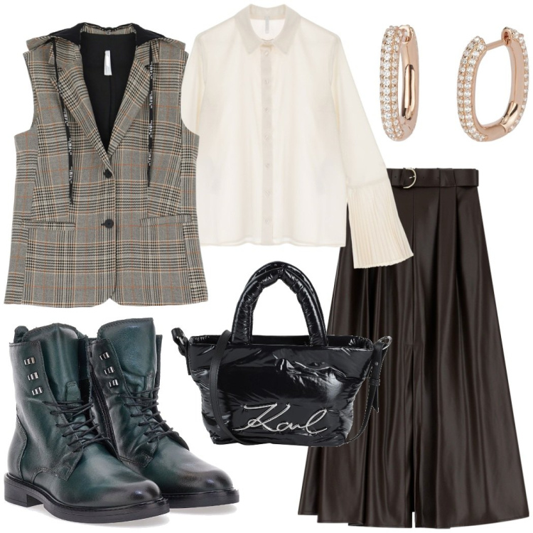 Outfit donna - Pomeriggio in città. Stile Urban per Serata fuori. Abbinamento con borse a mano, orecchini, gilet, gonne lunghe, camicie, anfibi.