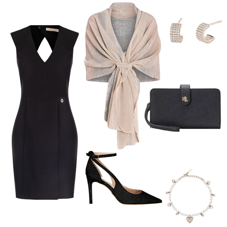 Outfit donna - Outfit oro nero. Stile Chic per Cerimonia. Abbinamento con braccialetti, orecchini, vestiti a tubino, stole, décolleté, pochette.