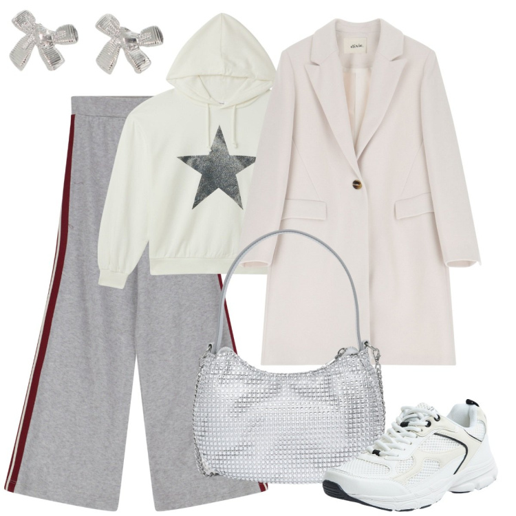 Outfit donna - Total look #2053887. Stile Sporty chic per Tutti i giorni. Abbinamento con felpe sportive, sneakers, borse a spalla, pantaloni sportivi, cappotti, orecchini.