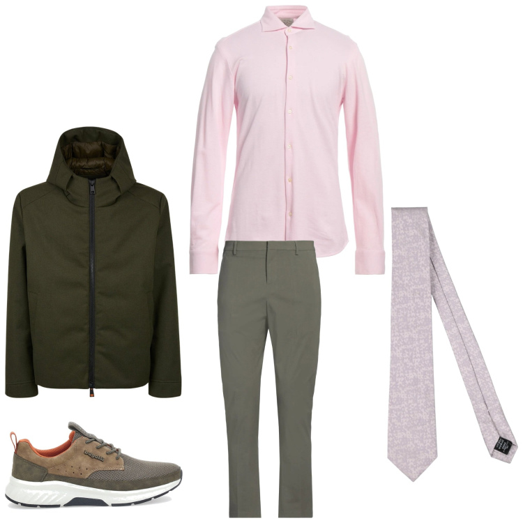 Outfit uomo - Rosa e verde. Stile Business/Elegante per Ufficio. Abbinamento con camicie, pantaloni chino, cravatte, sneakers, giacche.