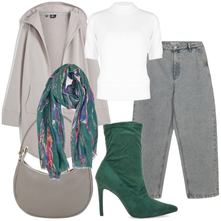 Outfit donna - Urban glam. Stile Urban per Tutti i giorni. Abbinamento con blazer, jeans, maglieria, borse a spalla, foulard, stivaletti.