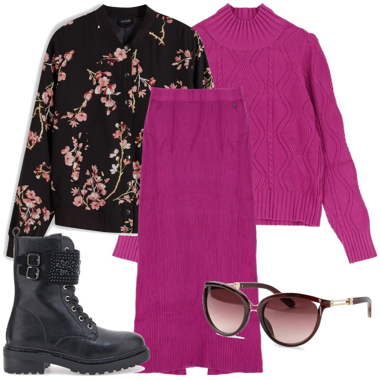 Outfit donna - Ciclamino e giacca a fiori. Stile Chic per Tutti i giorni. Abbinamento con bomber, occhiali da sole, gonne lunghe, maglieria, anfibi.