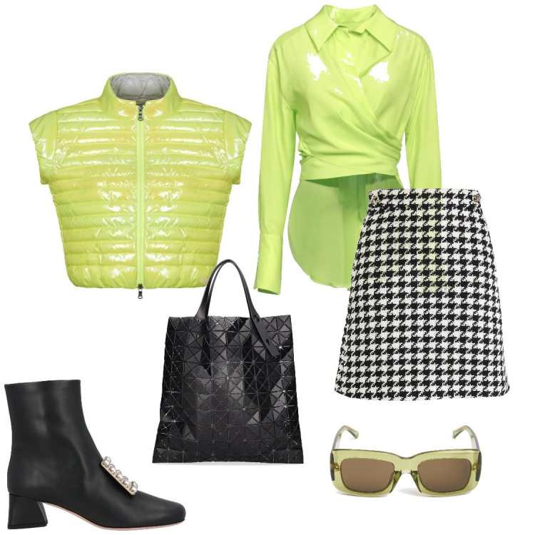 Outfit donna - Techno green. Stile Sporty chic per Tutti i giorni. Abbinamento con camicie, minigonne, stivaletti, blazer, shopping bag, occhiali da sole.