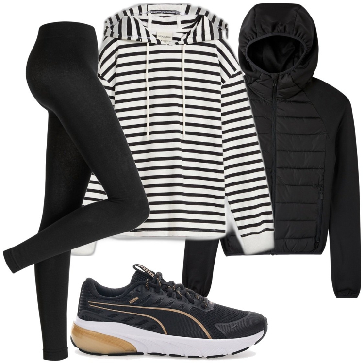 Outfit donna - Tra smartworking e famiglia. Stile Casual chic per Tutti i giorni. Abbinamento con leggings, felpe con cappuccio, giacche sportive, sneakers.