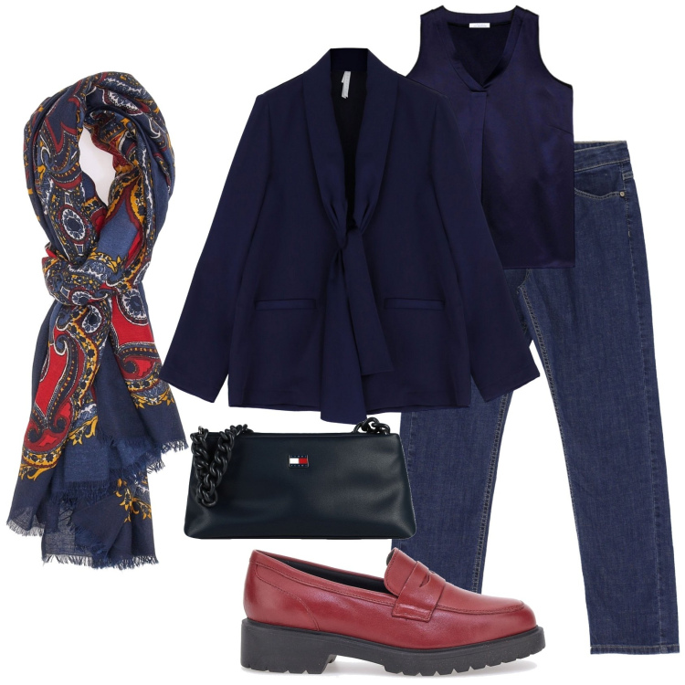 Outfit donna - In blu. Stile Casual chic per Tutti i giorni. Abbinamento con borse a mano, jeans dritti, blazer, top, foulard, mocassini.