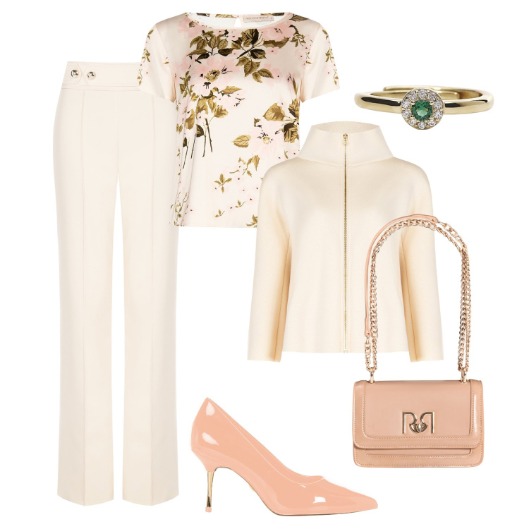 Outfit donna - Cena d’affari. Stile Chic per Serata fuori. Abbinamento con anelli, bluse, pantaloni, décolleté, cappe, borse a tracolla.