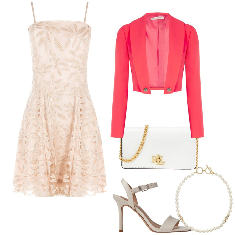 Outfit donna - Total look #2053914. Stile Romantica per Cerimonia. Abbinamento con vestiti corti, bolero, sandali in pelle, borse a mano, collane.