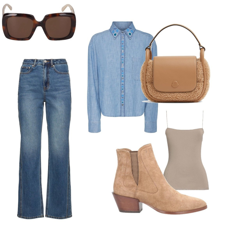 Outfit donna - Just denim. Stile Casual per Tutti i giorni. Abbinamento con top, stivaletti texani, occhiali da sole, borse a tracolla, jeans dritti, camicie.