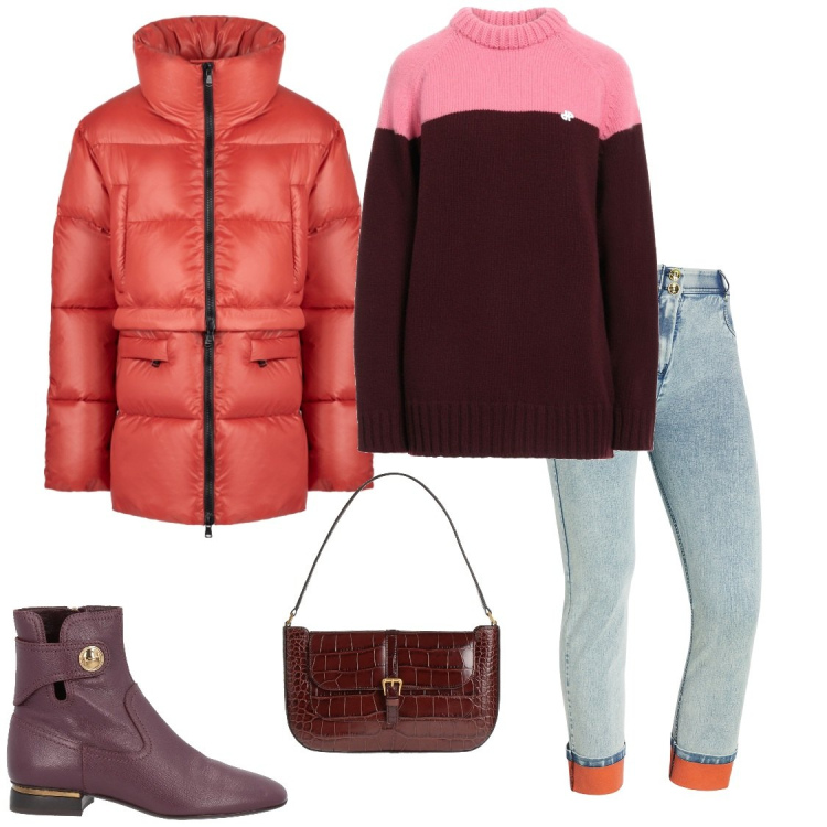 Outfit donna - Piumino arancione. Stile Casual per Tutti i giorni. Abbinamento con stivaletti, borse a mano, pullovers, jeans dritti, piumini.