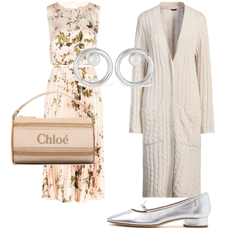 Outfit donna - Abito romantico. Stile Romantica per Tutti i giorni. Abbinamento con cardigans, vestiti midi/longuette, orecchini, scarpe col tacco, borse a spalla.