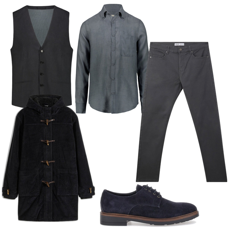 Outfit uomo - Gilet di tendenza. Stile Casual per Serata speciale. Abbinamento con montgomery, pantaloni skinny, scarpe stringate, camicie, gilet.
