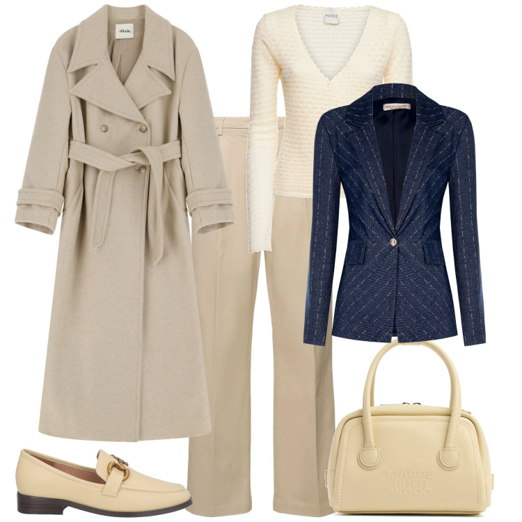 Outfit donna - Primavera 2025. Stile Trendy per Ufficio. Abbinamento con mocassini, trench, blazer, top, pantaloni, borse tote.