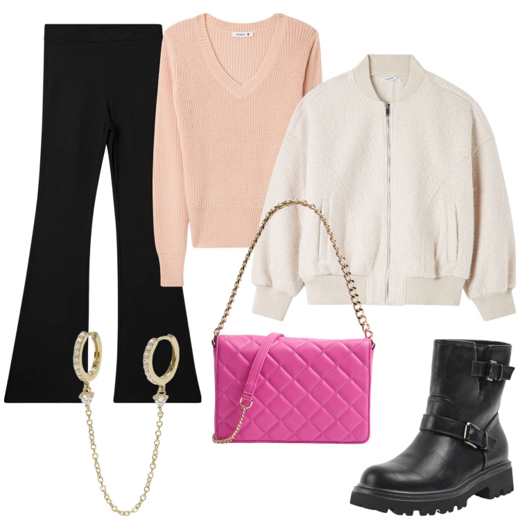 Outfit donna - Terranova San Valentino. Stile Urban per Serata fuori. Abbinamento con stivaletti, maglieria, leggings, borse a tracolla, bomber, orecchini.