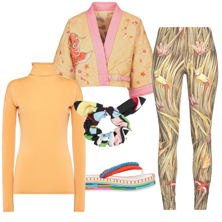 Outfit donna - In casa coloratissima. Stile Trendy per Tutti i giorni. Abbinamento con leggings, infradito, kimono, accessori per capelli, top.