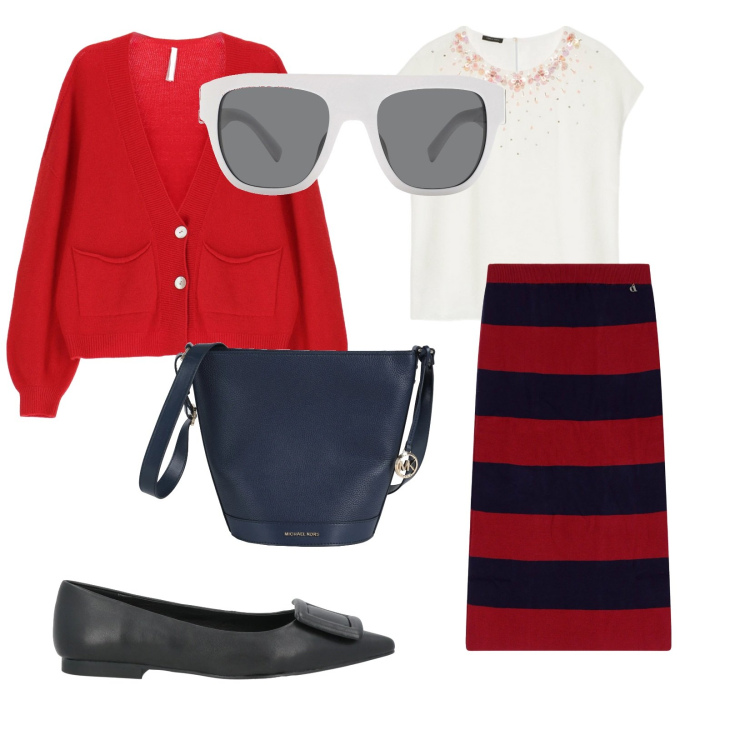 Outfit donna - Rosso in primavera. per Tutti i giorni. Abbinamento con ballerine, occhiali da sole, borse a spalla, cardigans, gonne longuette, bluse.