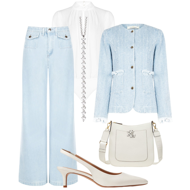 Outfit donna - Denim chic in ufficio. Stile Casual chic per Ufficio. Abbinamento con ciondoli, décolleté, borse a tracolla, blazer, jeans dritti, body.