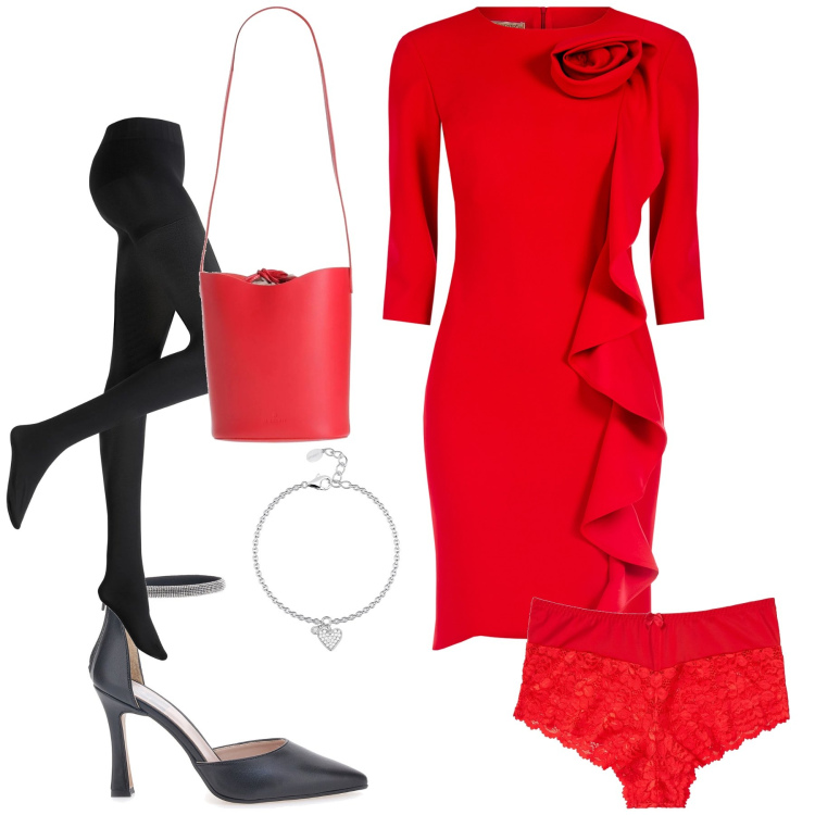 Outfit donna - L abito perfetto per San Valentino. Stile Glamour per Serata fuori. Abbinamento con borse a mano, culotte, collant, braccialetti con ciondoli, vestiti a tubino, décolleté.