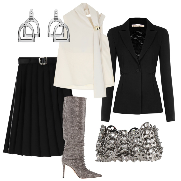 Outfit donna - Dettagli metallici a cena. Stile Glamour per Serata fuori. Abbinamento con stivali, borse a tracolla, blazer, gonne longuette, top, orecchini.