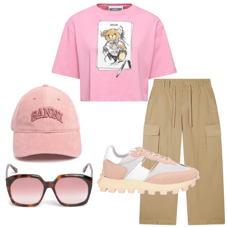 Outfit donna - Tshirt con orso. Stile Casual per Tutti i giorni. Abbinamento con sneakers, pantaloni cargo, t-shirt, cappelli, occhiali da sole.