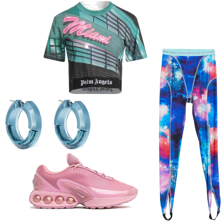 Outfit donna - Cyborg. Stile Glamour per Sport. Abbinamento con leggings, t-shirt, orecchini, sneakers.