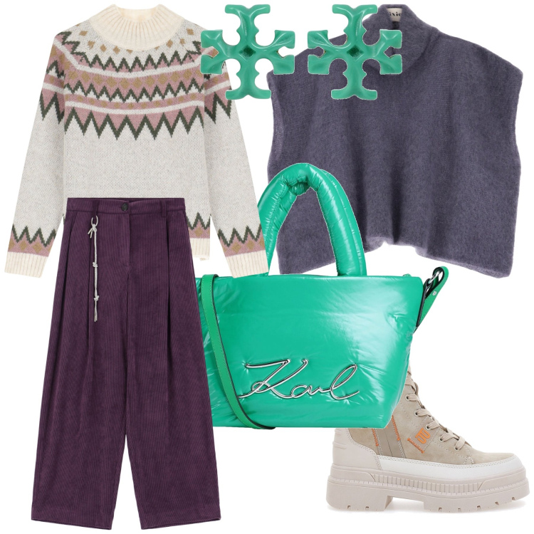 Outfit donna - Total look. Stile Trendy per Tutti i giorni. Abbinamento con borse a mano, orecchini, maglieria, pantaloni a palazzo, cappotti, anfibi.