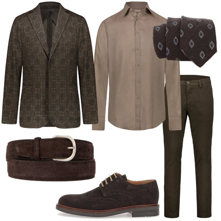 Outfit uomo - Nei toni del marrone. Stile Business/Elegante per Serata speciale. Abbinamento con cravatte, giacche, pantaloni chino, camicie, scarpe stringate, cinture.