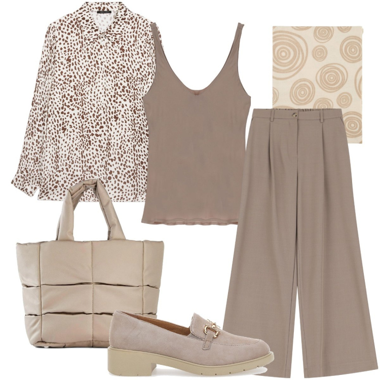 Outfit donna - Tortora color. Stile Casual chic per Ufficio. Abbinamento con borse a mano, foulard, pantaloni, canottiere, mocassini, camicie.