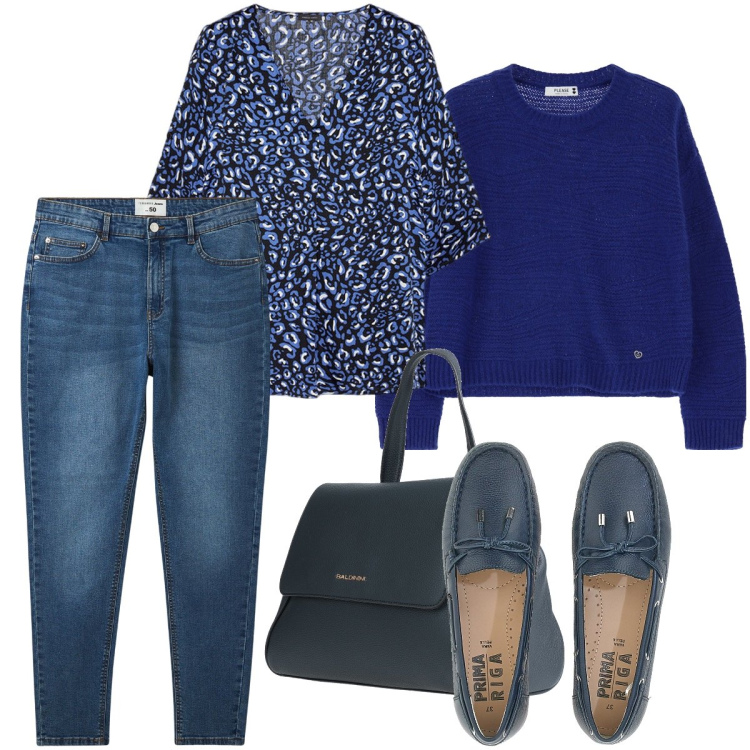 Outfit donna - Nei toni del blu. Stile Casual chic per Tutti i giorni. Abbinamento con zaini, jeans skinny, pullovers, mocassini, bluse.