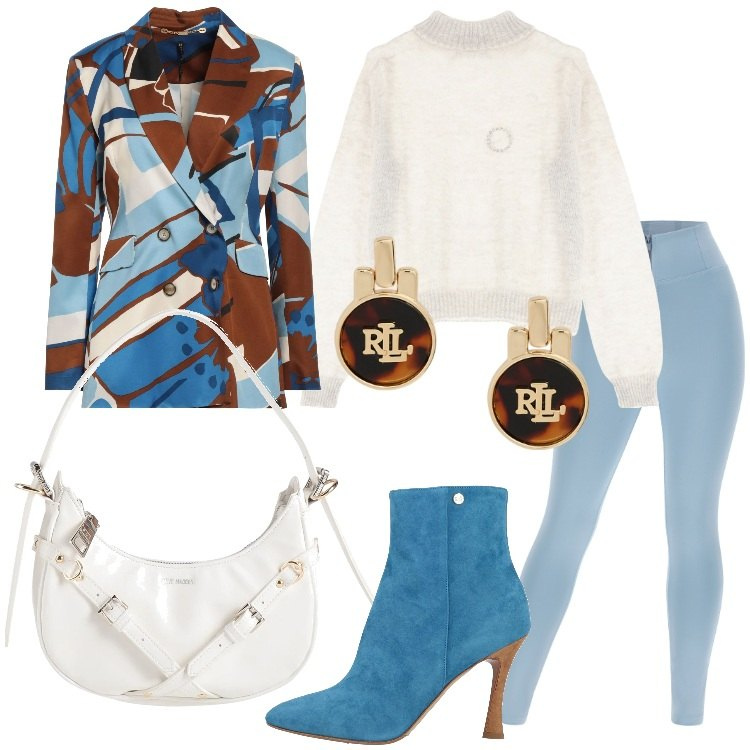 Outfit donna - Speciale: stile athleisure. Stile Trendy per Tutti i giorni. Abbinamento con blazer, stivaletti, borse a mano, maglieria, pantaloni skinny, orecchini.