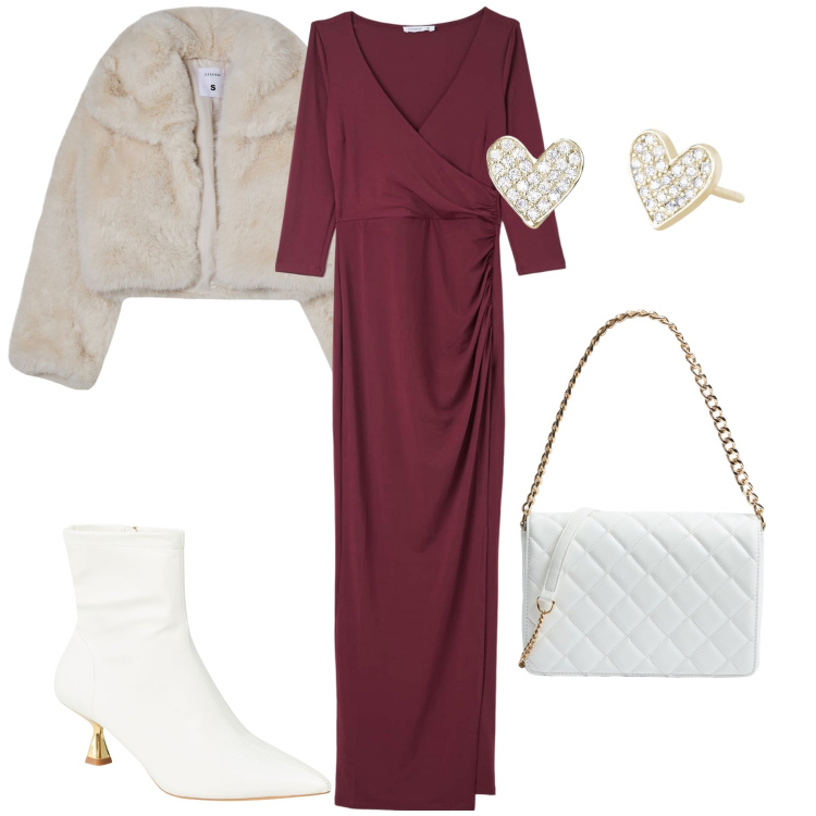 Outfit donna - Cena romantica low cost. Stile Glamour per Serata fuori. Abbinamento con stivaletti, vestiti lunghi, blazer, borse a tracolla, orecchini.