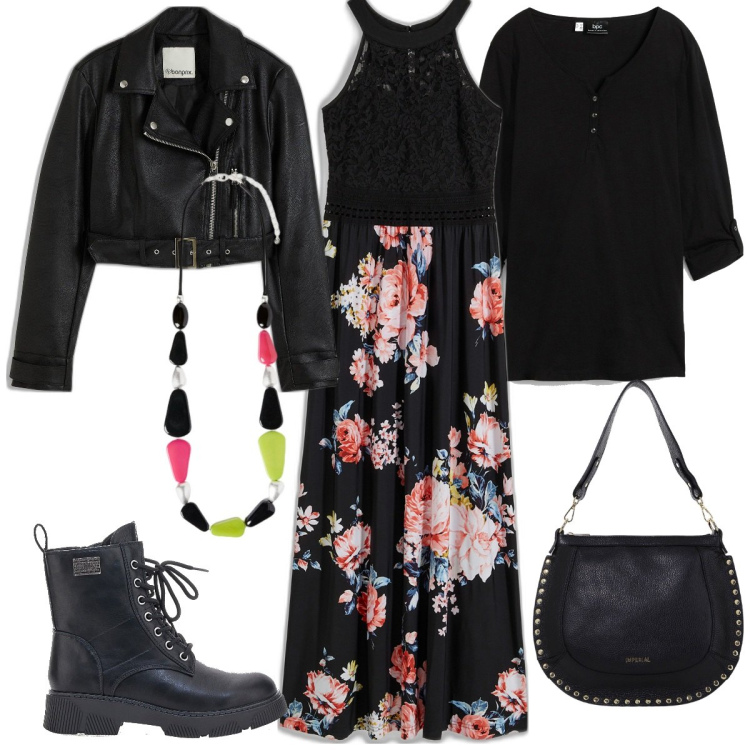 Outfit donna - Boho Biker - curvy. Stile Boho per Tutti i giorni. Abbinamento con vestiti lunghi, cardigans, blazer, borse a spalla, anfibi, collane.